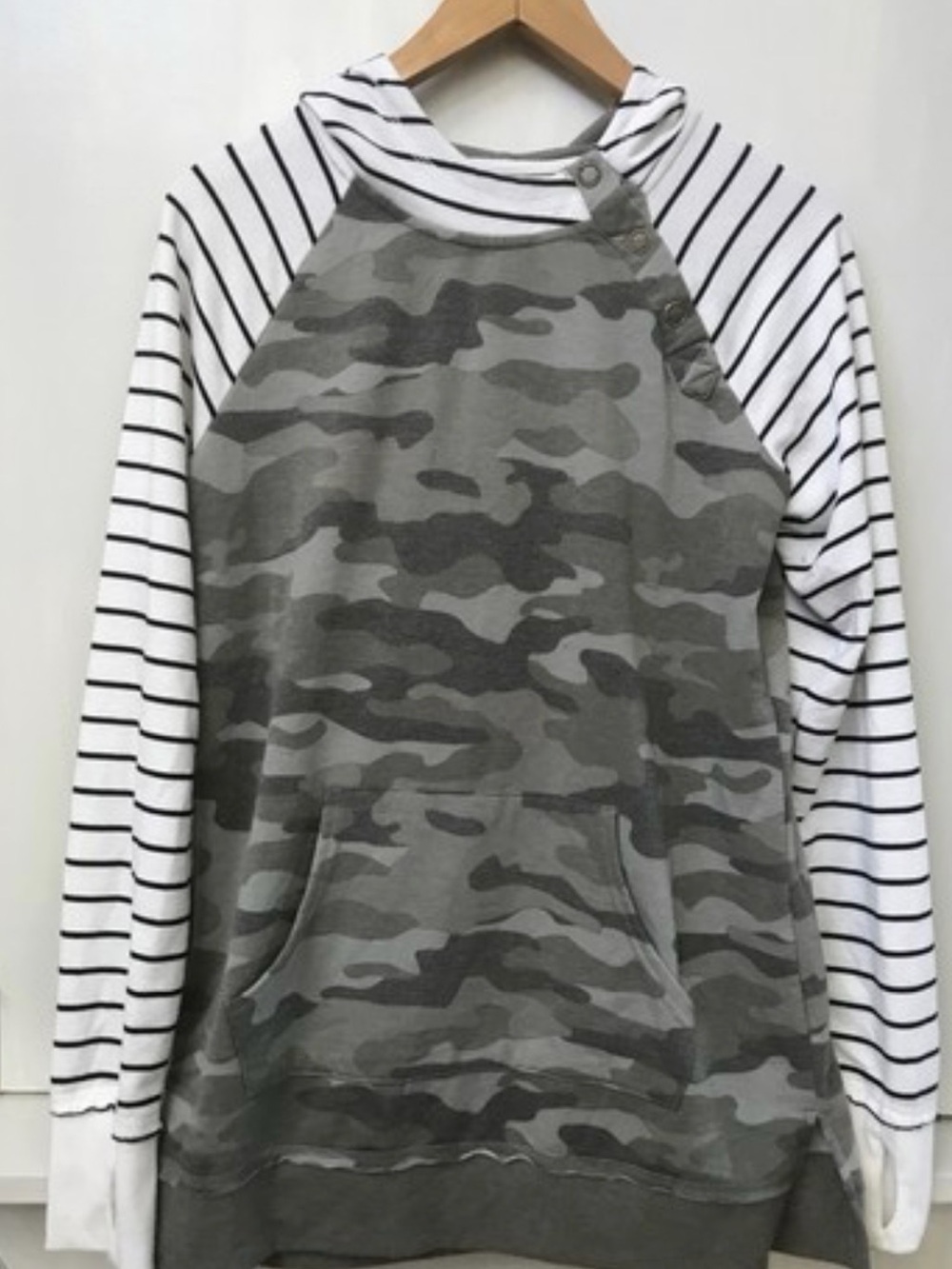 Maurices Gray Camo Pullover Hoodie with White Stripe Sleeves